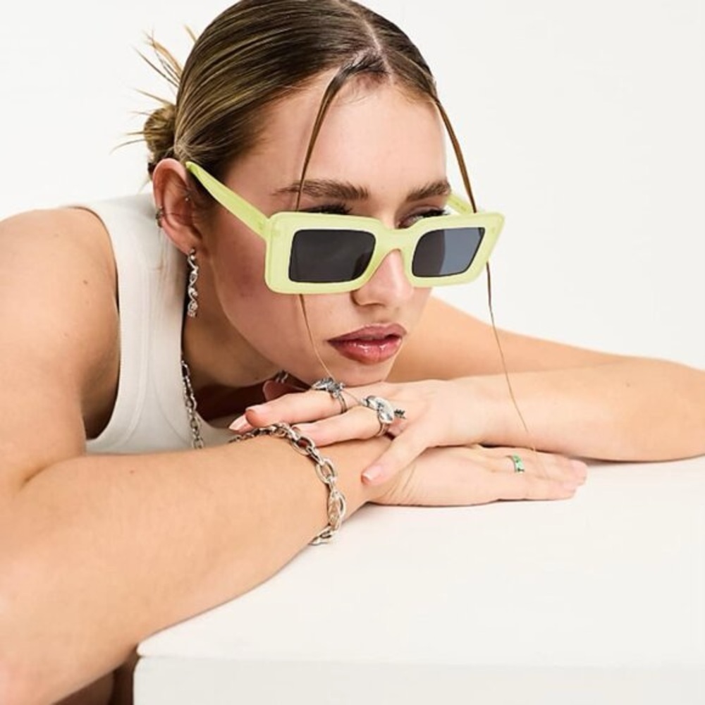 UO like green yellow thick frame rectangular cat eye sunglasses
